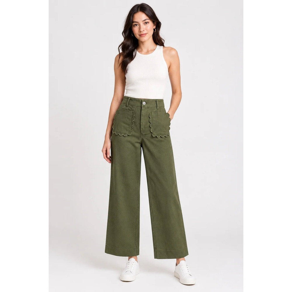 Anthropologie Maeve Colette Pants Womens Size 29 Green Wide Leg Scallop Pocket